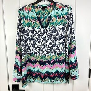 Rafaella Women's Top Tunic Blouse Floral Chevron Button-up Sleeve Size XL  g